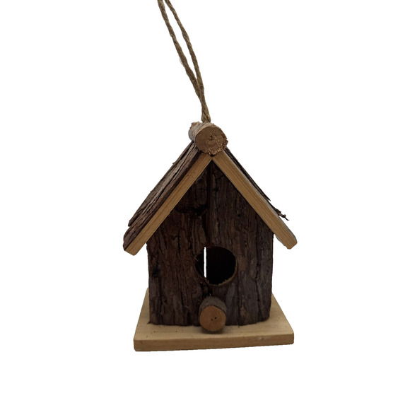 Rustic Farmhouse Cabin Wooden Bird House - Wood Bark Hanging Perch - Picture 1 of 6